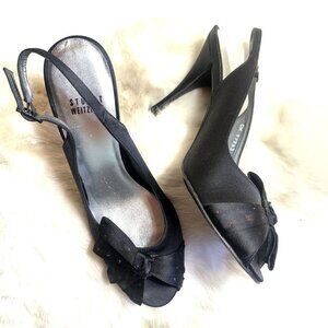Stuart Weitzman NEW Pointed Peep Toe Slingback Heels Shoe Black Fabric Pin up